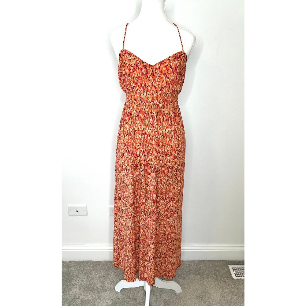 MNG by Mango Floral Strappy Maxi Dress Sz S/4 Smocked waist Beach Tropical Boho